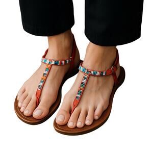 So Wear It Declare It Women's T-Strap Red Leather‎ Beaded Sandals Size 9.5-10